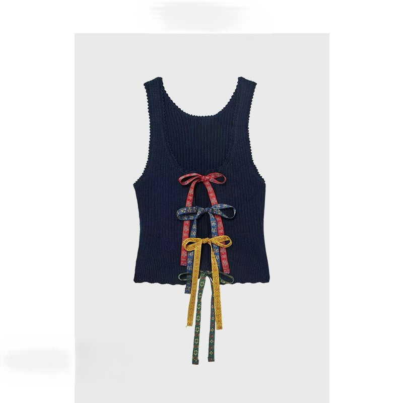 Knitted Camisole Short Style Spliced Bowknot Design