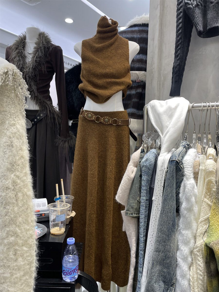 Knitted two-piece turtleneck vest long skirt set
