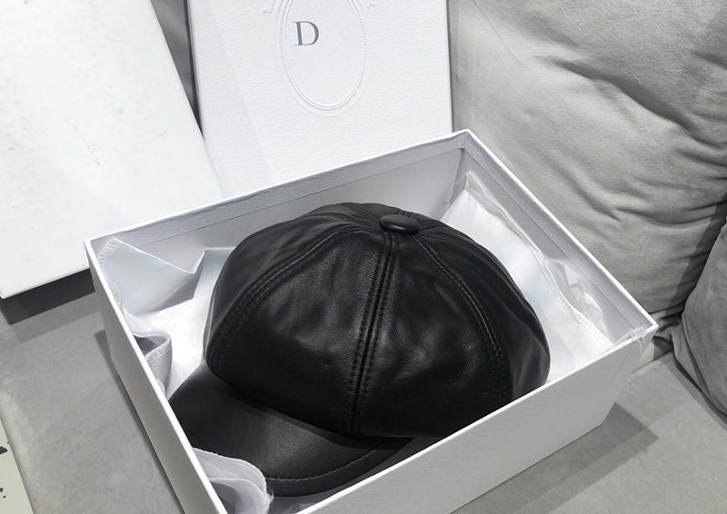 Genuine leather women's British vintage lambskin octagonal beret
