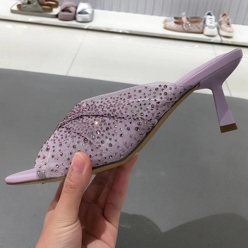 French sweet rhinestone soft gauze stiletto sandals