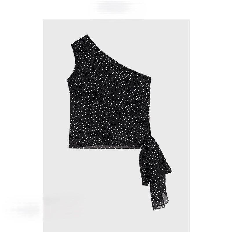 Short black polka dot one-shoulder camisole