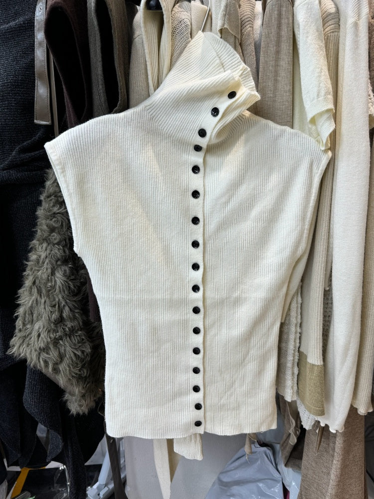 High Neck Single Breasted Knit Vest Top