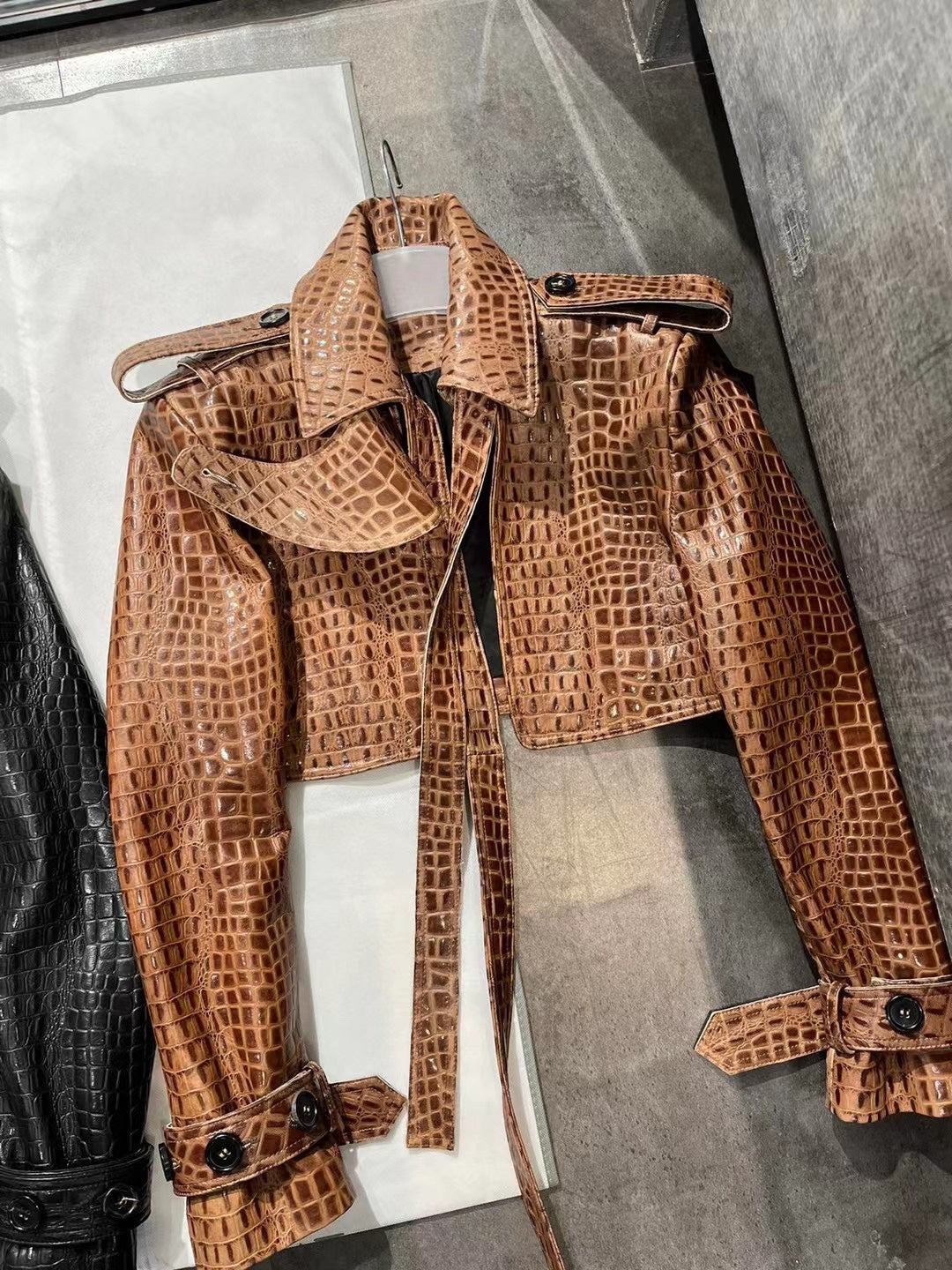 Crocodile print sheepskin leather biker jacket