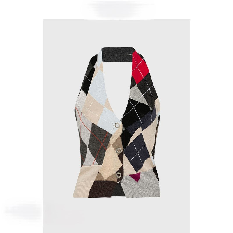 Paneled tartan halterneck camisole