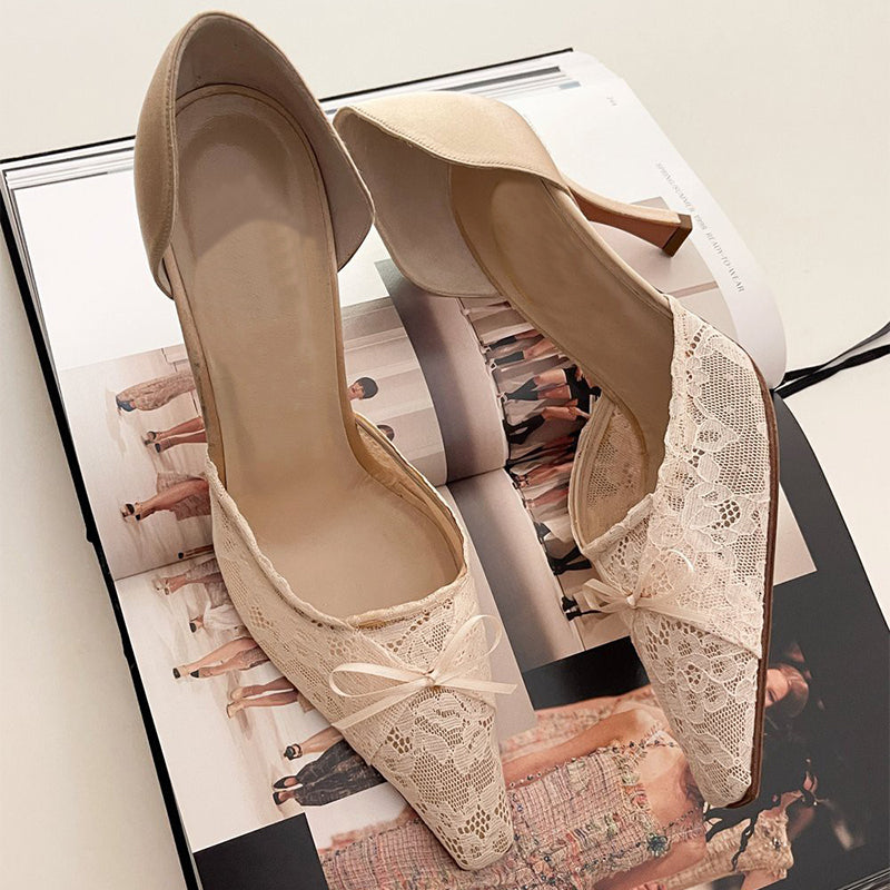 Retro lace bow high heels