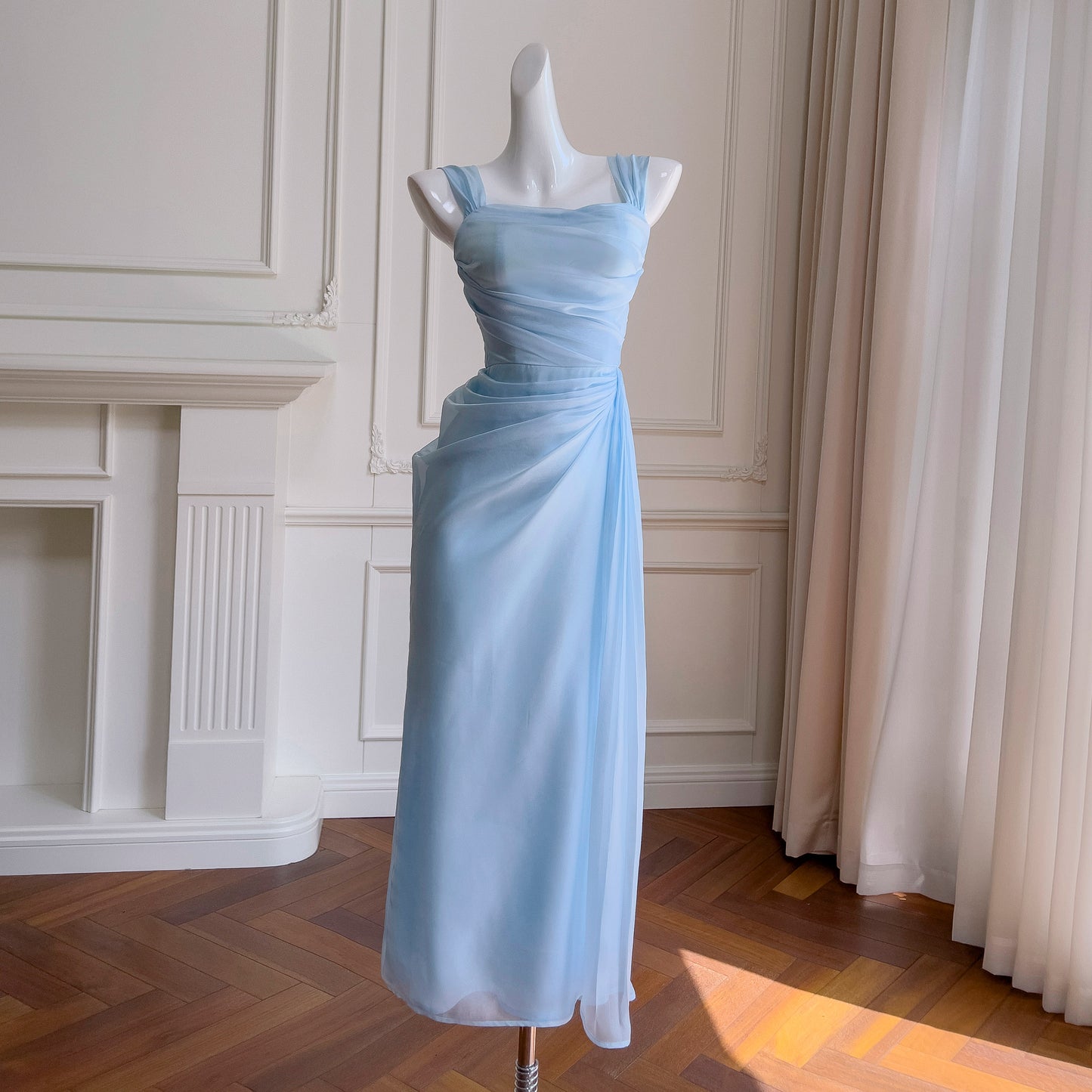 French blue suspender design waist long skirt