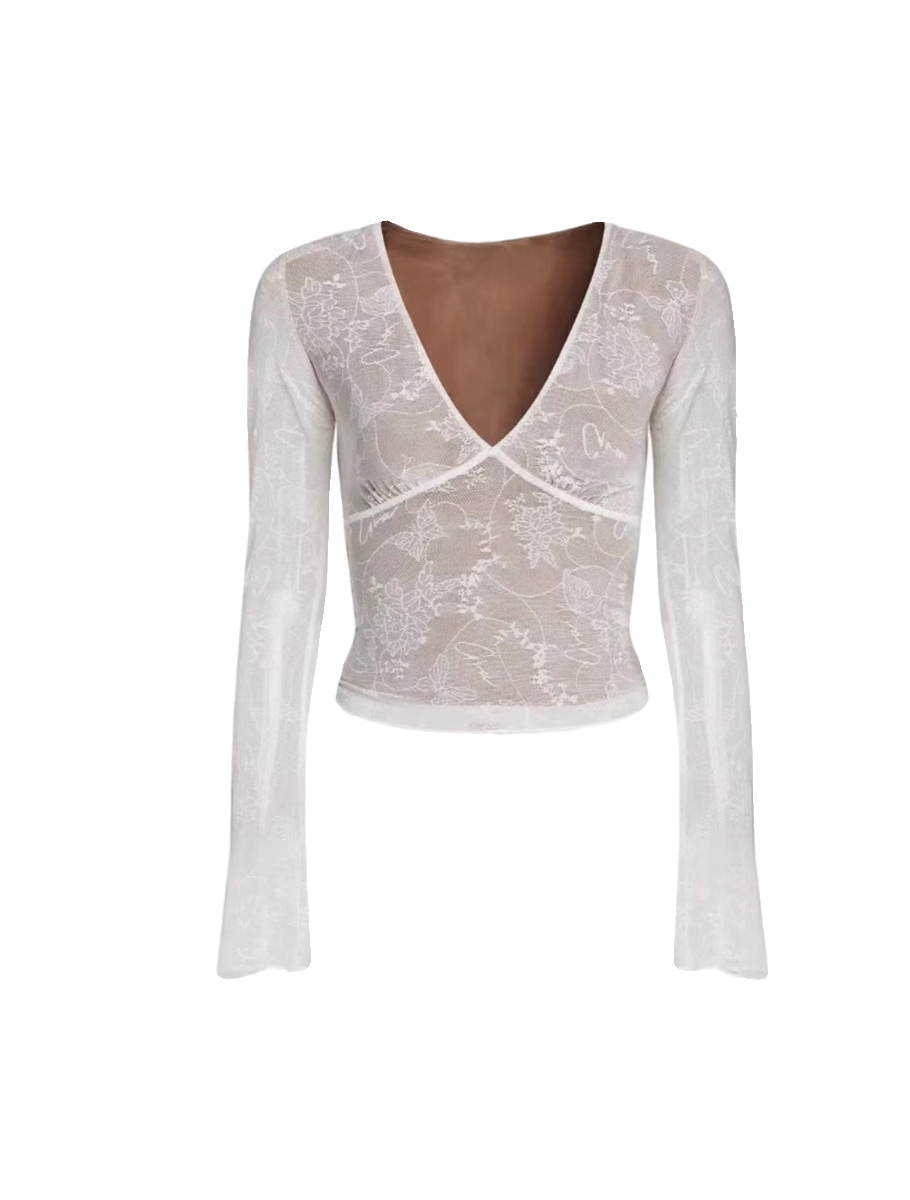 Low-cut lined V-neck lace top