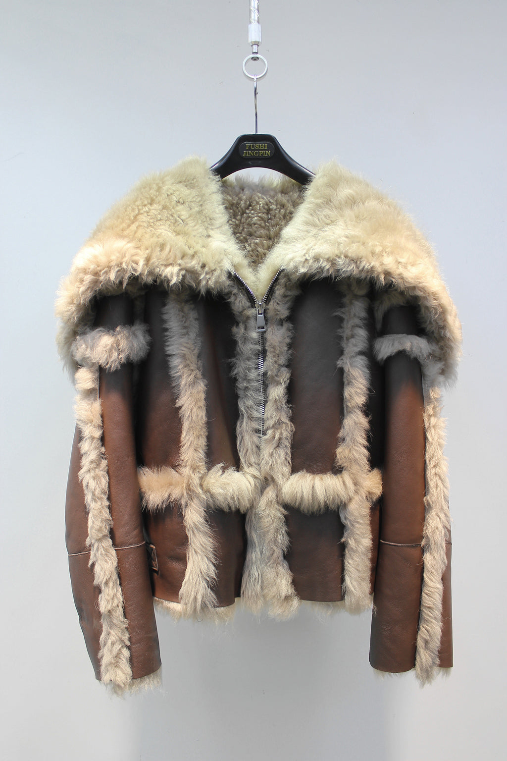 Tuscan sheepskin one-piece navy collar biker short fur coat
