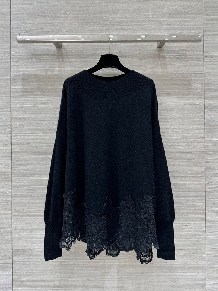 Crew neck lace appliqué cashmere sweater