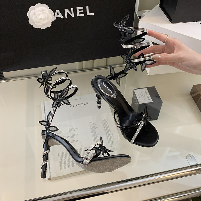 Butterfly rhinestone strappy open-toe Roman shoes