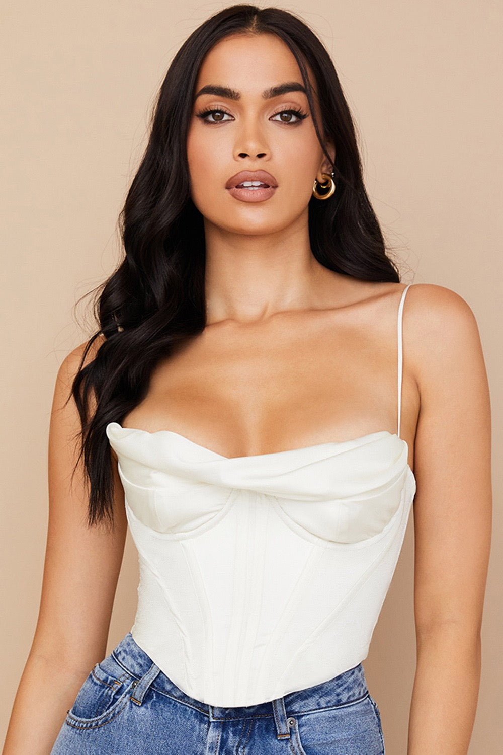 Satin herringbone corset top with pleated design