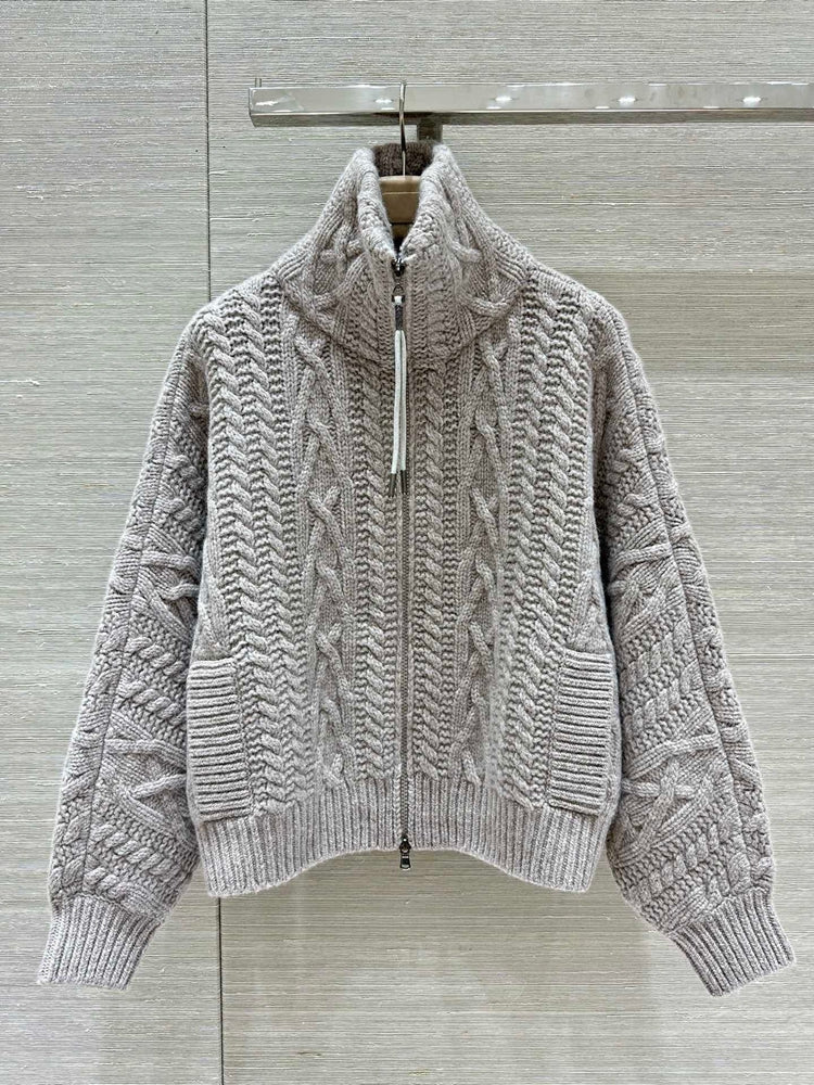 Lapel Double Pocket Crochet Cashmere Jacket