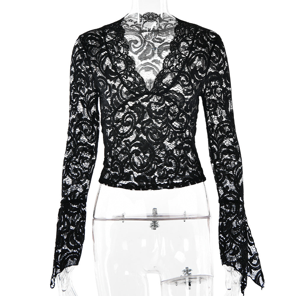 Slim fit lace V-neck see-through bell sleeve shirt