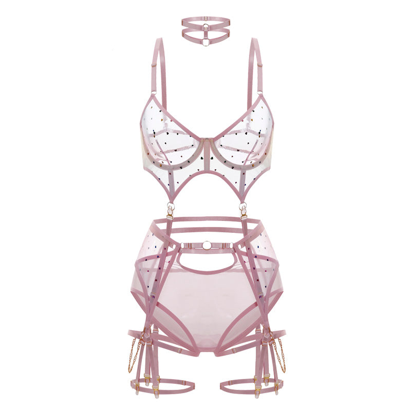New cute patchwork women's ultra-thin hollow mesh bra set