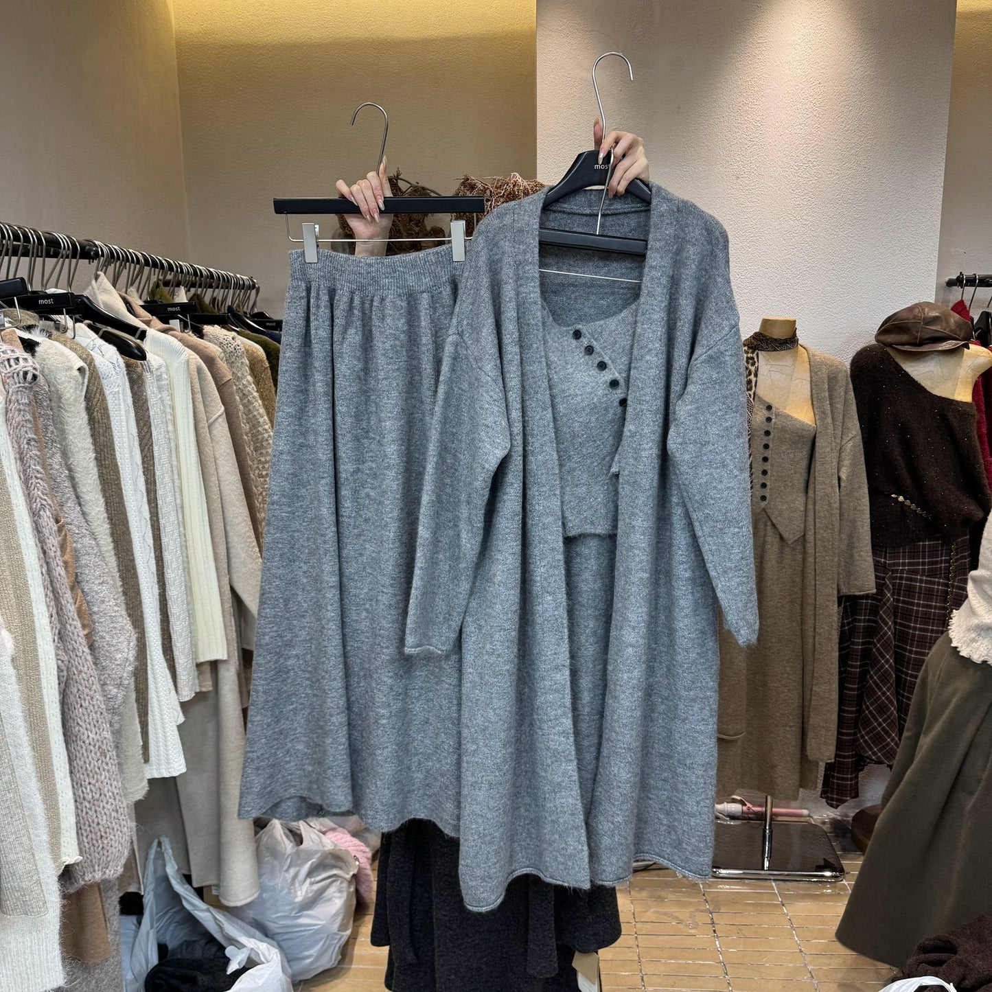 Wool off-shoulder cardigan sweater + skirt three-piece set