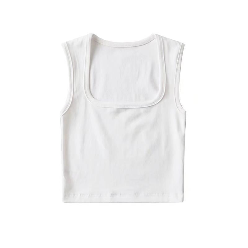 Black and white short square neck slimming wide shoulder strap top
