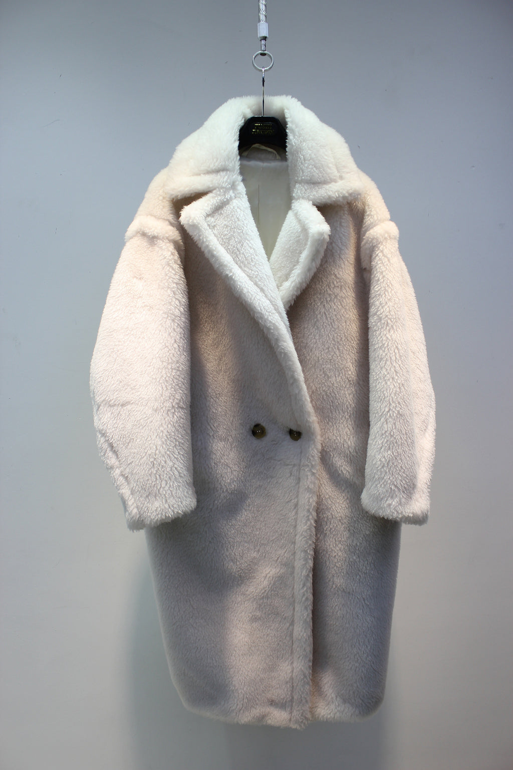 Grained wool shearling loose fit teddy coat mid-length