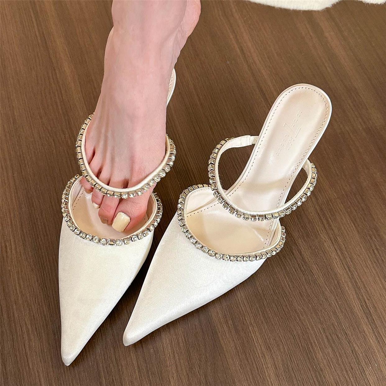 Women's rhinestone shallow toe pointed toe stiletto heel half slippers