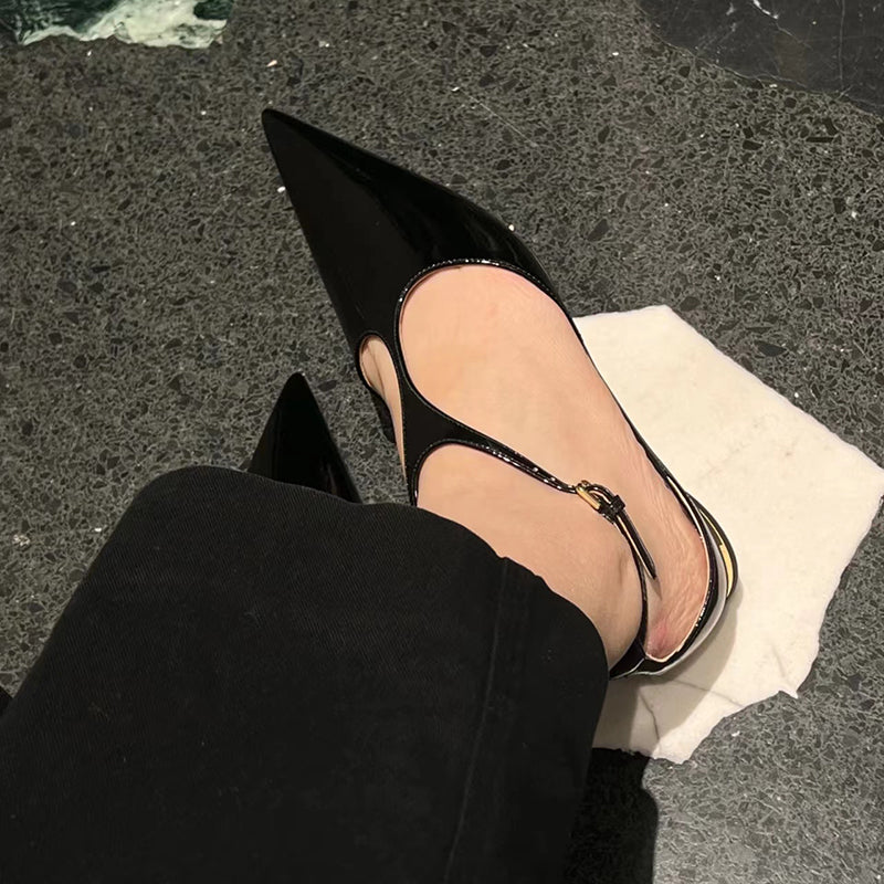 French gold pointed toe flat Mary Jane shoes
