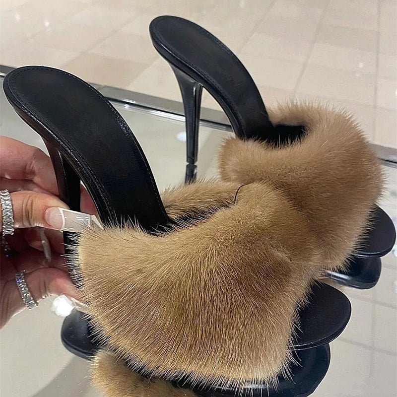 Mink fur open toe slippers fish mouth genuine leather party sandals