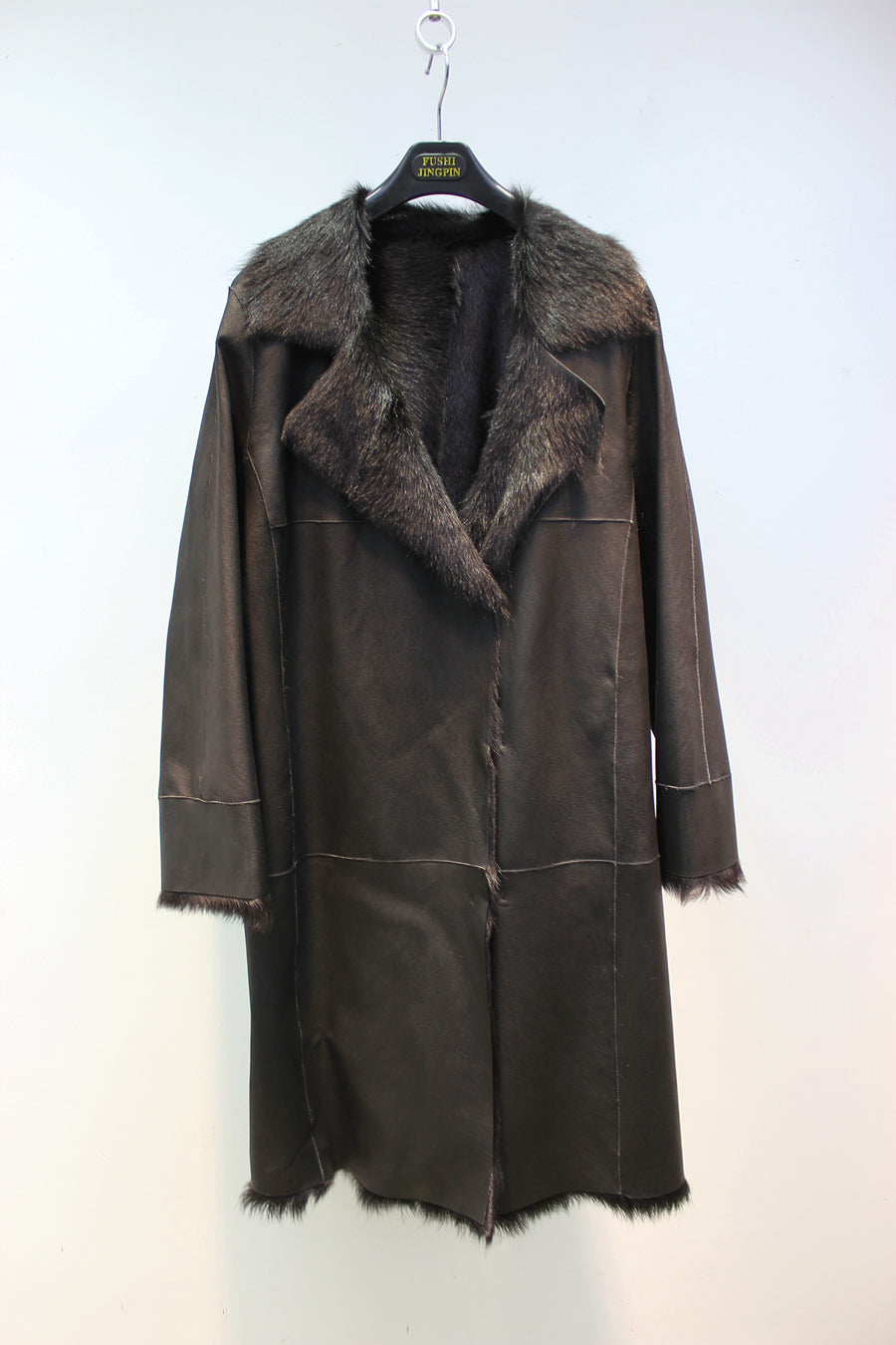 Lmported goat fur all-in-one mid-length windbreaker style slim-fit genuine leather coat