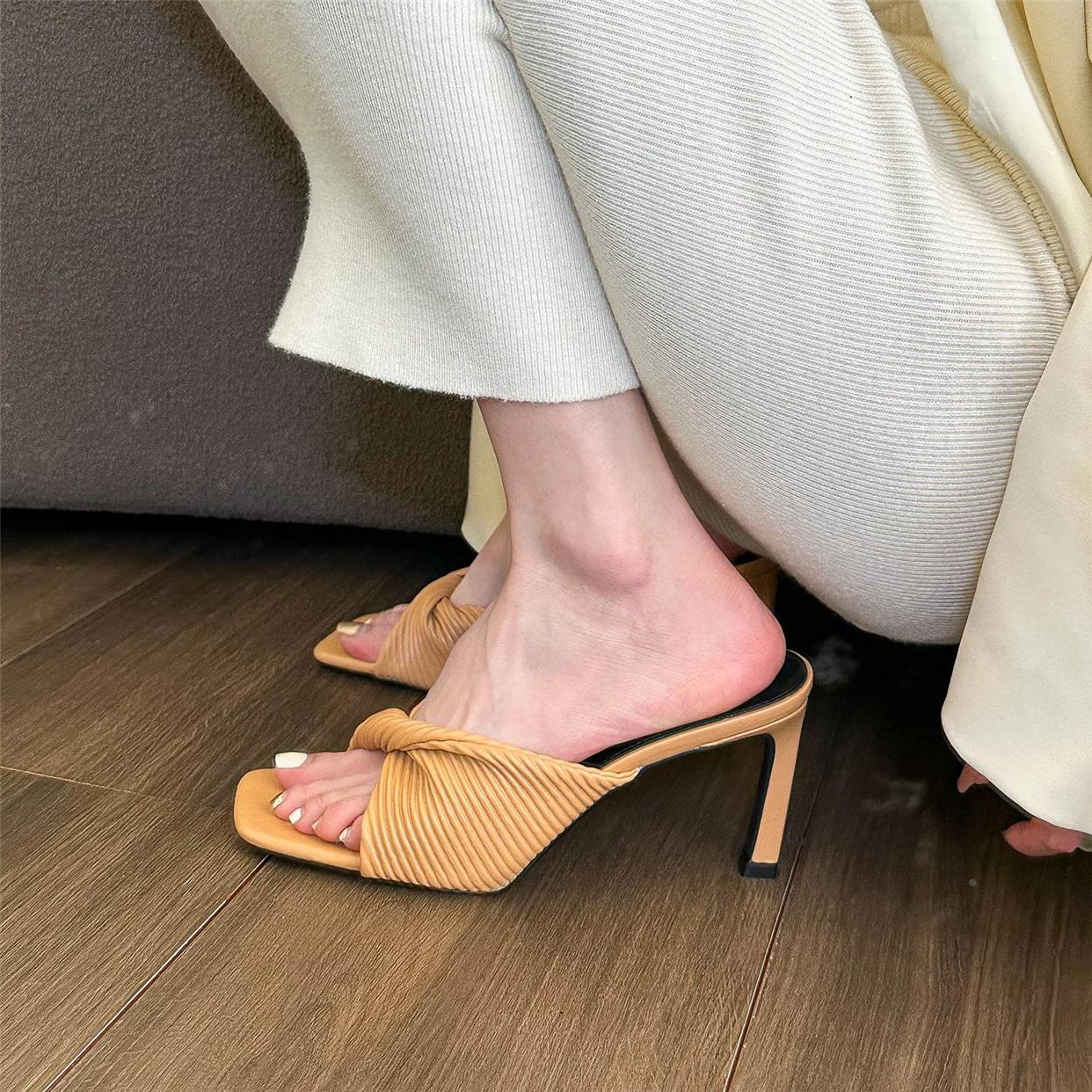 French pleated square toe high heel sandals