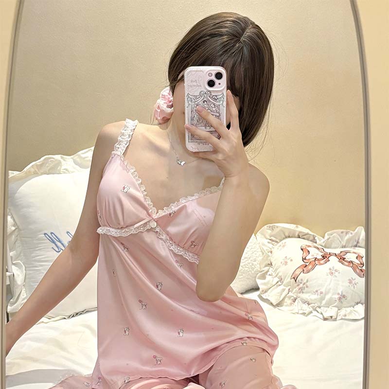 Peach color pajamas suspender top pants