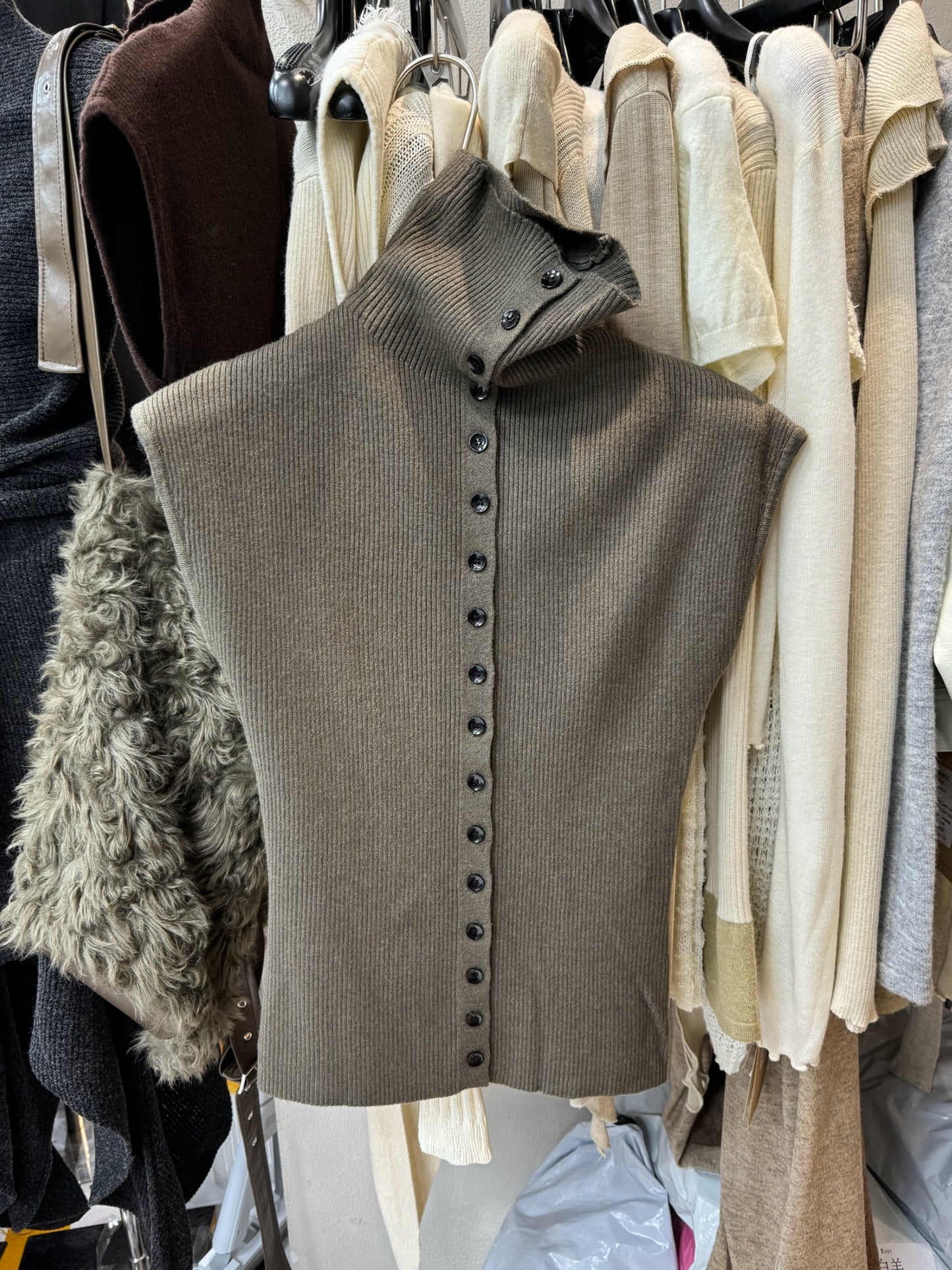 High Neck Single Breasted Knit Vest Top