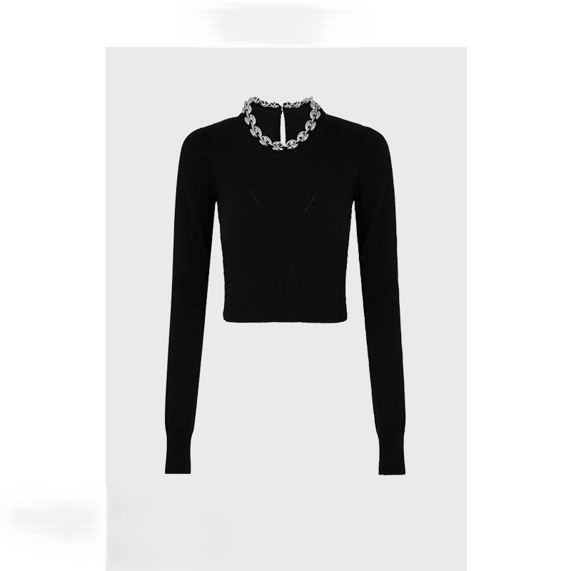 Black sweater short style stitching chain design