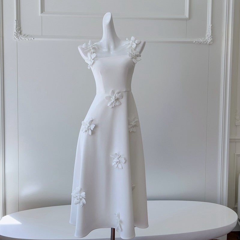 Flower strap luxury socialite daughter engagement dress white holiday dress