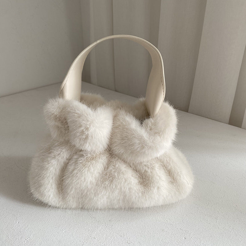 Pleated Faux Rabbit Fur Crossbody Bag