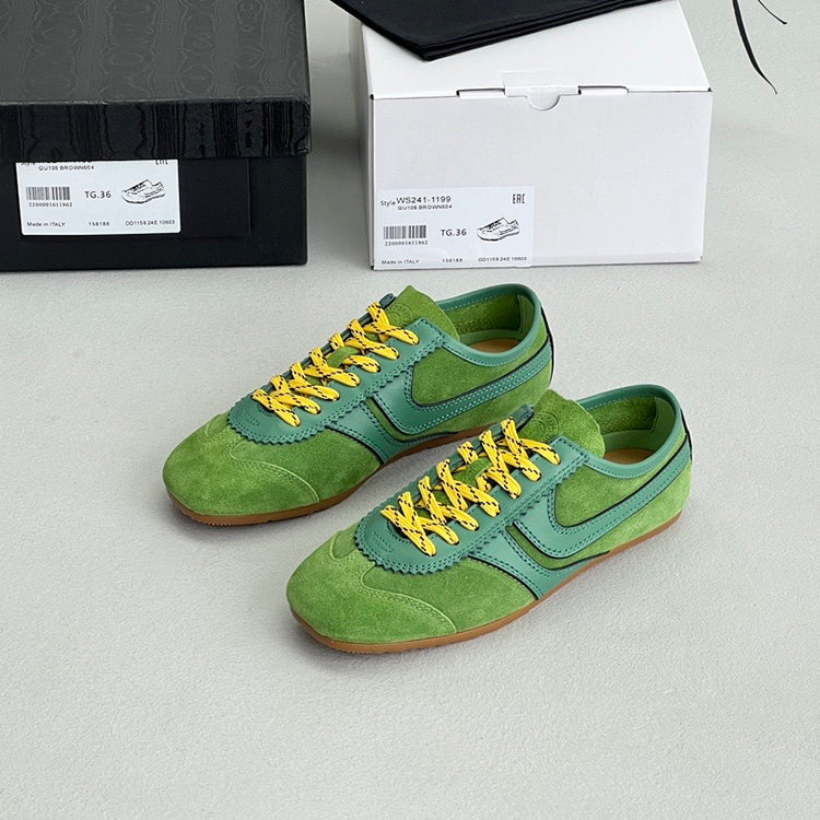 Suede stitching sports flat lace-up casual shoes