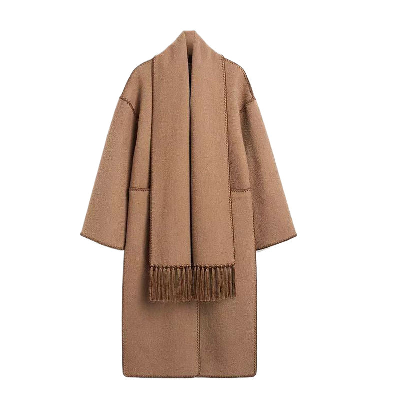 Autumn and winter loose slim camel wool blend embroidered scarf coat