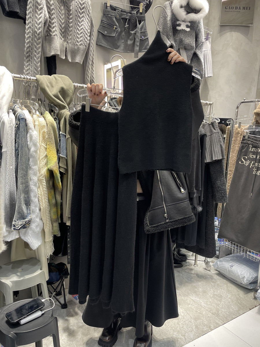 Knitted two-piece turtleneck vest long skirt set
