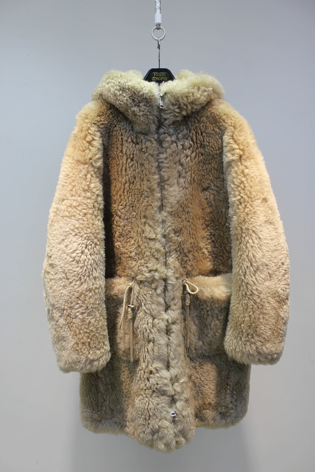 Icelandic imported sheepskin all-in-one Nordic style hooded mid-length fur coat