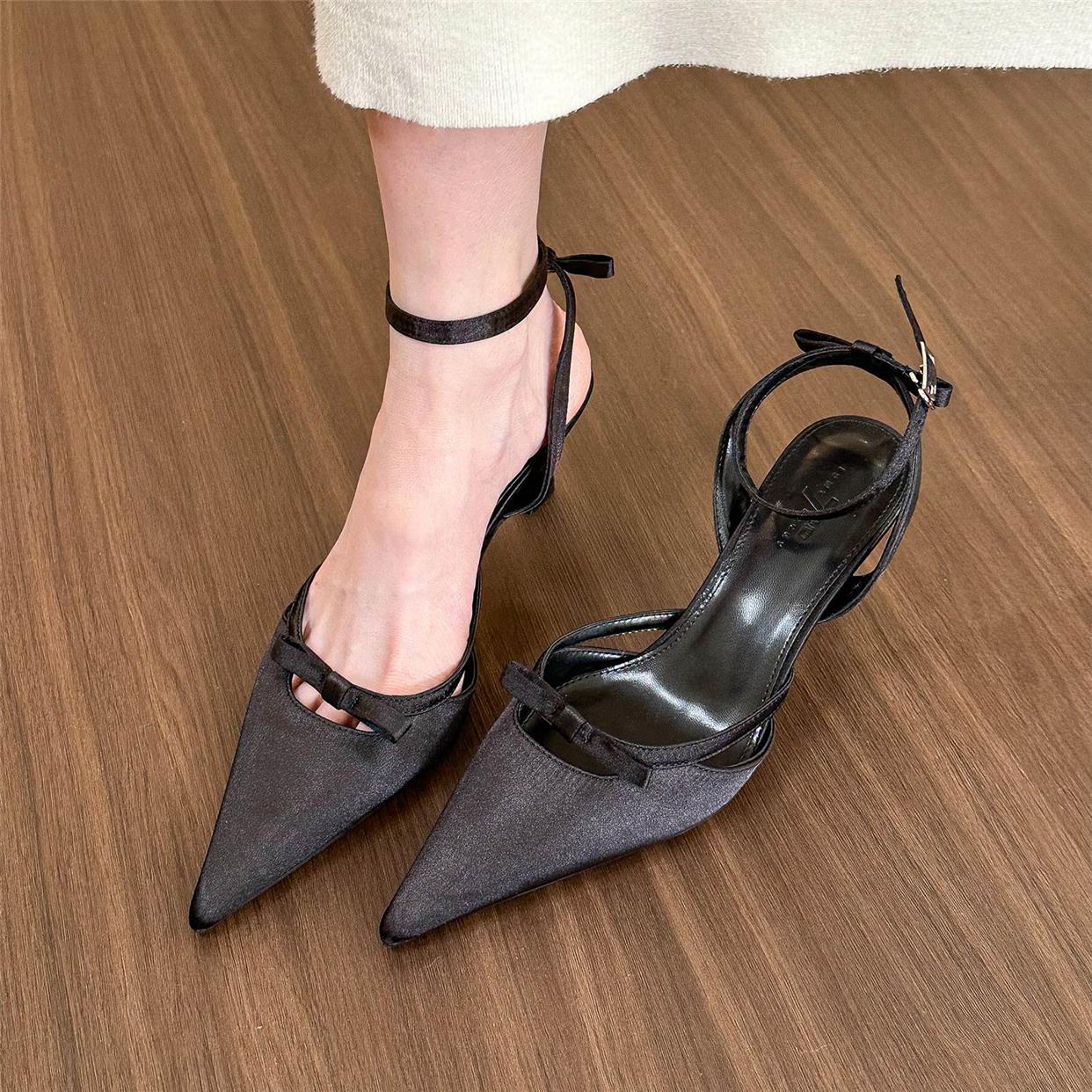 Pointed toe bow buckle strap stiletto high heel sandals