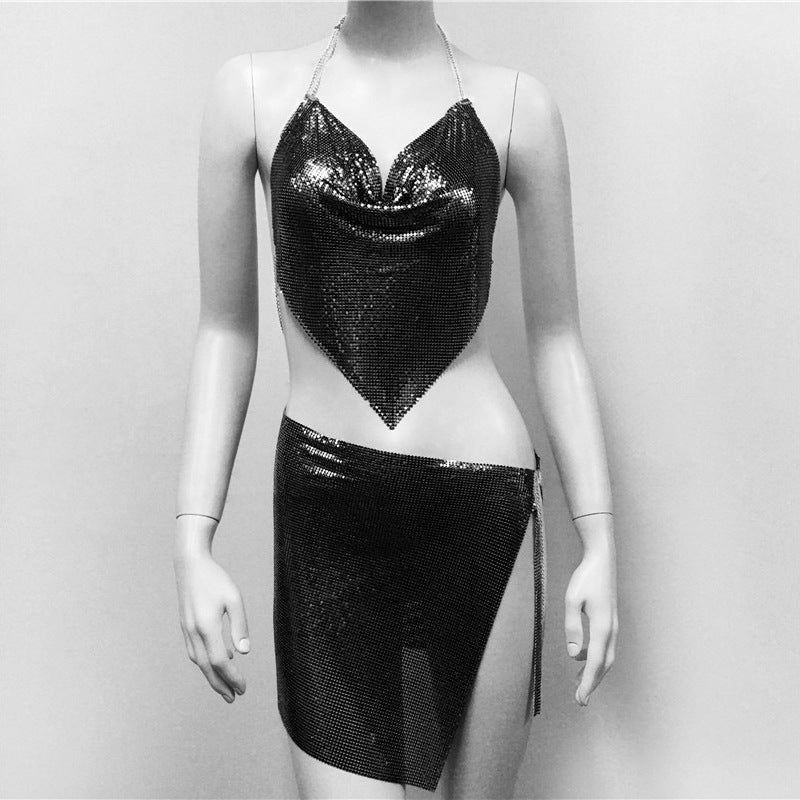 Women's metal sequin suspender skirt set dress metal top min