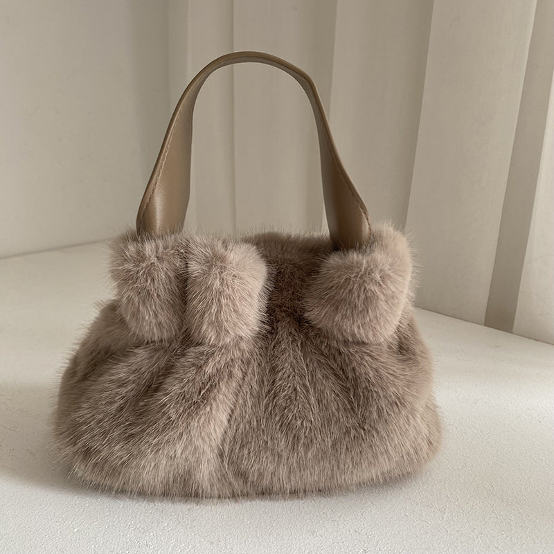 Pleated Faux Rabbit Fur Crossbody Bag