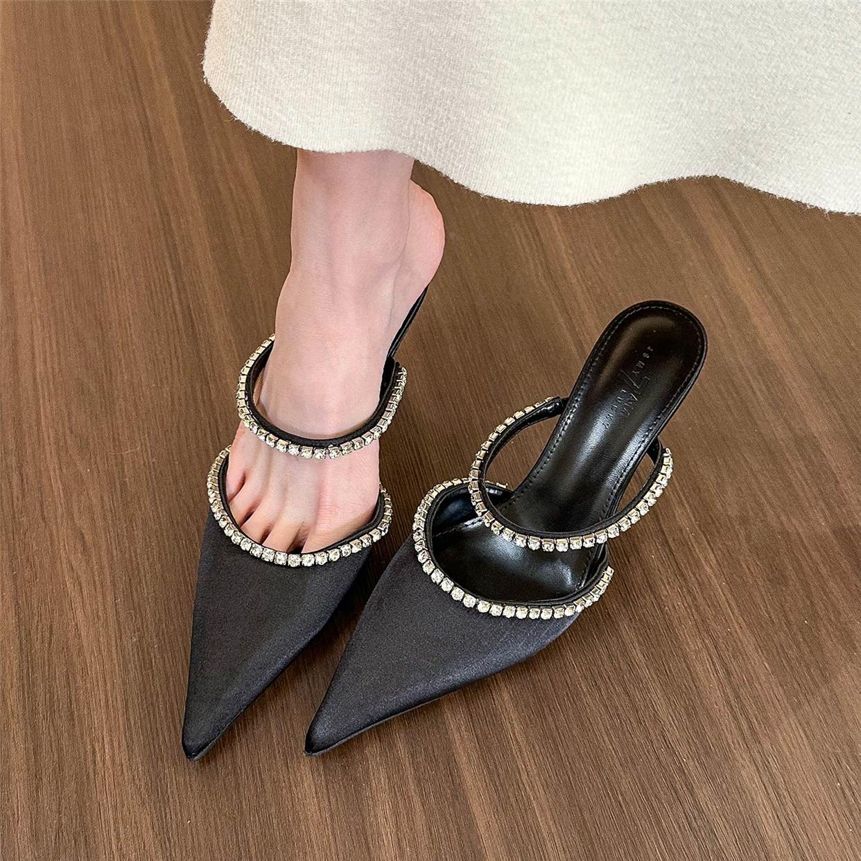Women's rhinestone shallow toe pointed toe stiletto heel half slippers