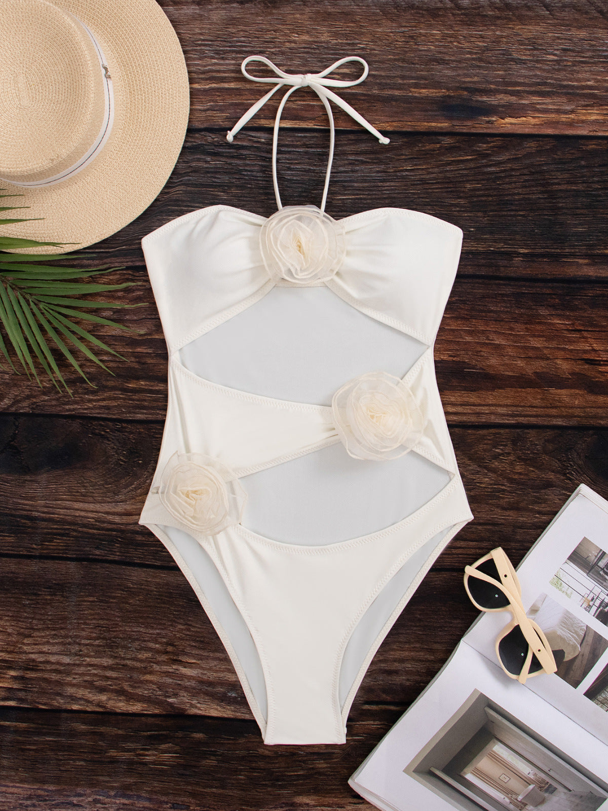 3D three-dimensional flower mesh halterneck sexy hot spring all-in-one bikini swimsuit