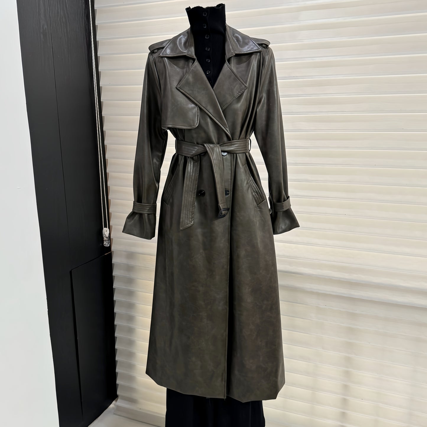PU leather coat suit collar double breasted coat