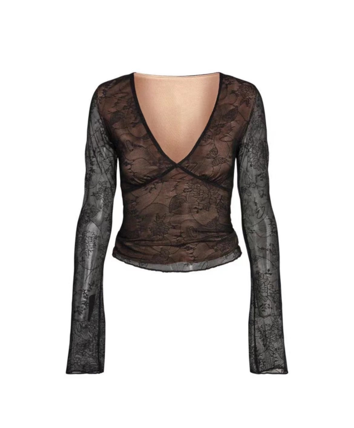 Low-cut lined V-neck lace top