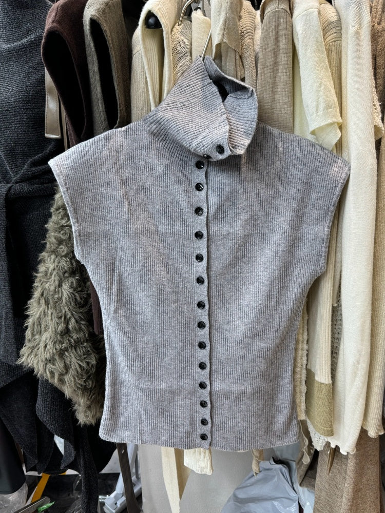 High Neck Single Breasted Knit Vest Top