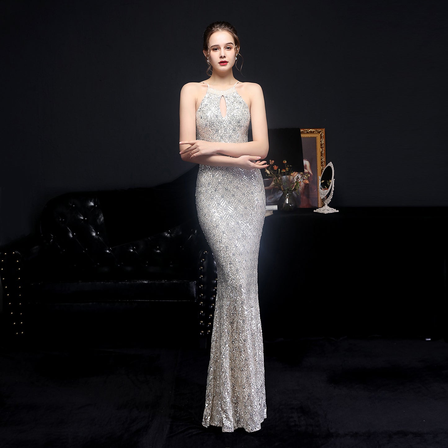 High-end banquet custom diamond sequin dress fishtail evening dress
