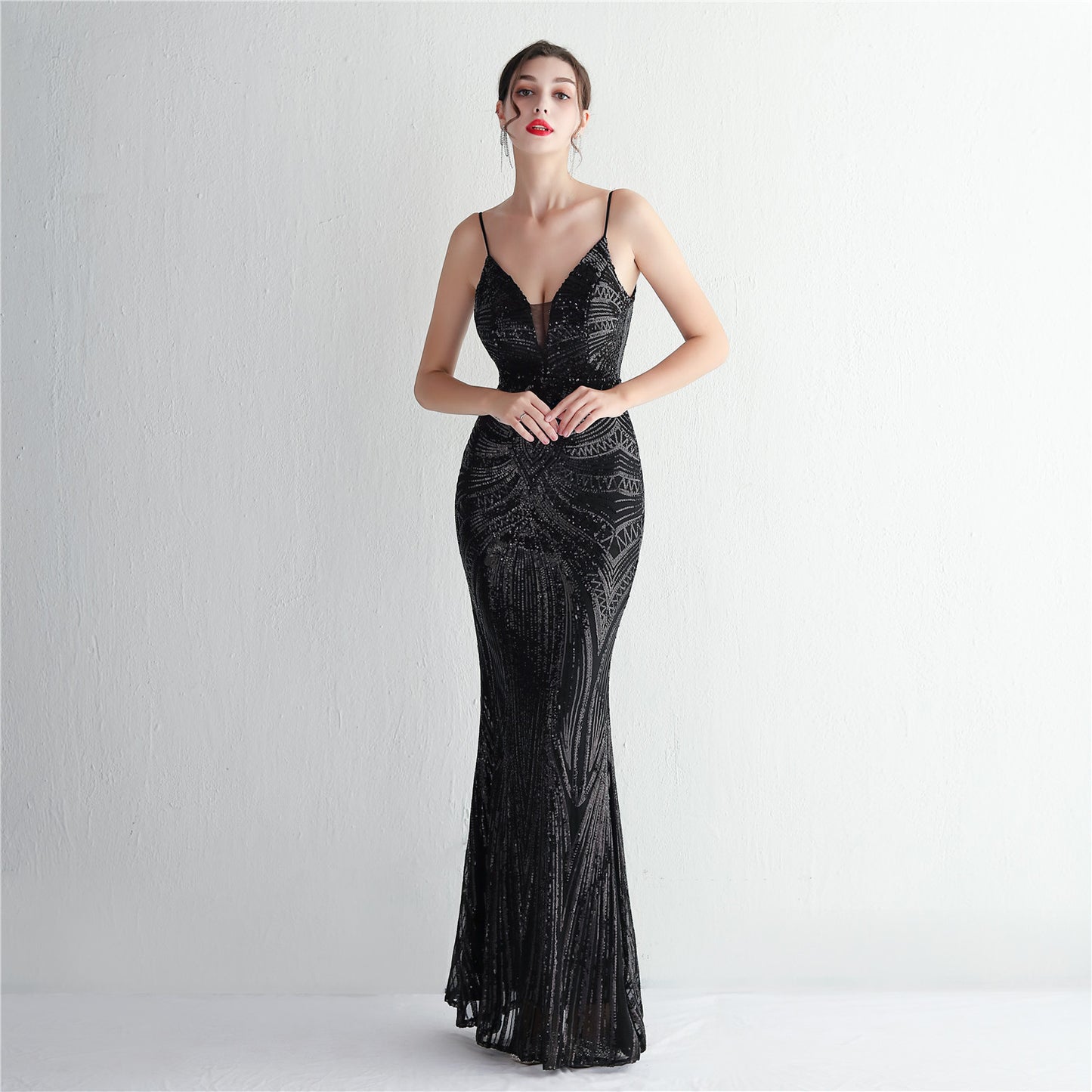 Sequined fishtail long evening dress