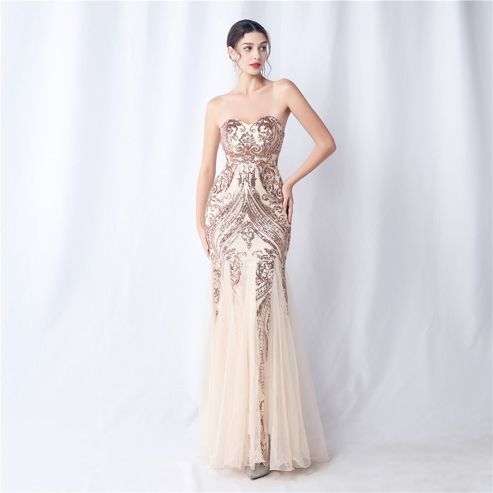 High-end sparkling evening long tube top evening dress
