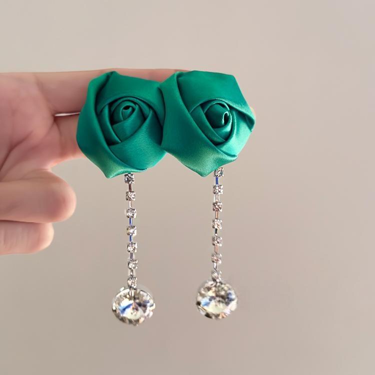 Polish Rose French Retro Satin Three-dimensional Flower Earrings Zircon Flash Diamond Long Tassel Earrings