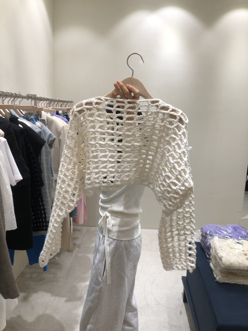 Cropped long-sleeved openwork knitted cardigan