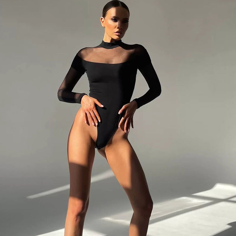 Sexy tight mesh see-through patchwork jumpsuit