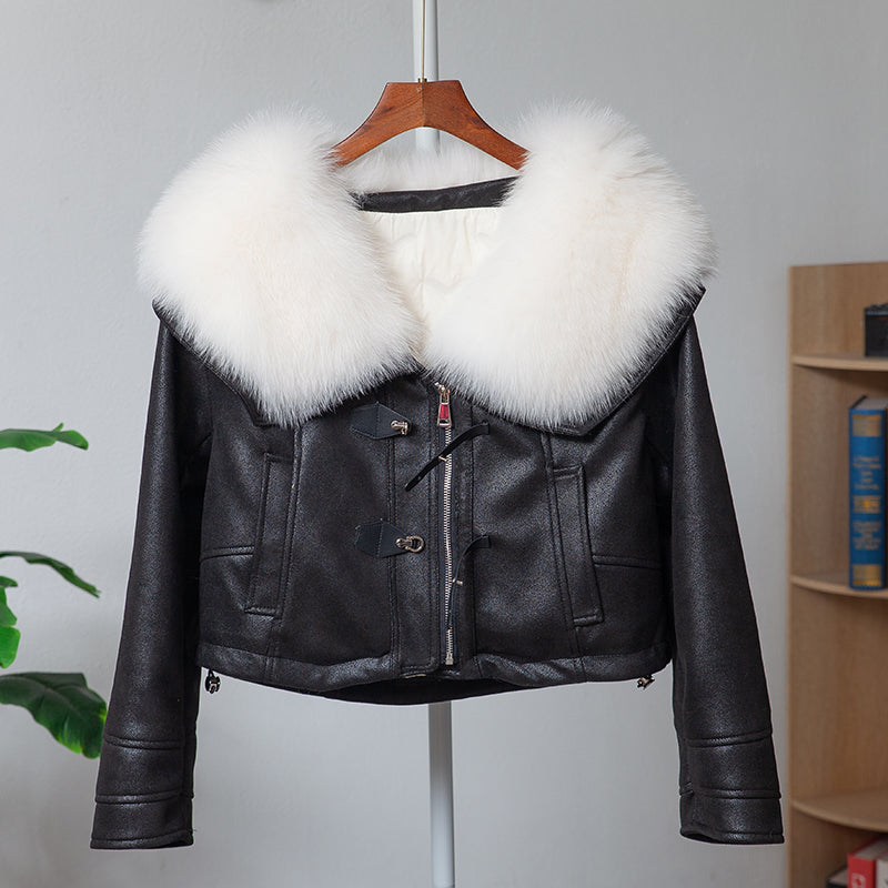 Fox Fur Motorcycle Jacket Large Fur Collar Leather